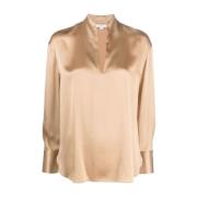 Vince Beige Silke Slits Hals Blus Beige, Dam