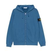 Stone Island Borstad bomullsfleece med hel dragkedja och huva Blue, He...