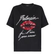 Balmain T-shirt med kyss brodyr och korta ärmar Black, Dam