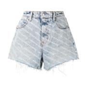 Alexander Wang Denim Shorts med All-Over Logo Print Blue, Dam