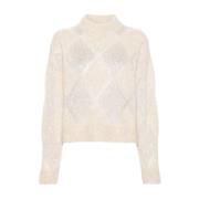 Brunello Cucinelli Lyxig High Neck Sweater Stickat Beige, Dam