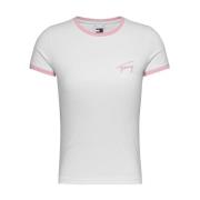 Tommy Hilfiger Signatur Slim Tee med Rosa Brodyr White, Dam