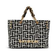 Balmain 1945 Mjuk monogramvävd toteväska Black, Dam