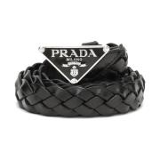 Prada Triangellogotyp Flätat läderbälte Black, Herr