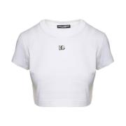 Dolce & Gabbana Lyxig vit crop t-shirt med metalllogotyp White, Dam