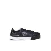 Versace Jeans Couture Svarta Lädersneakers med Vita Detaljer Black, He...