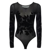 Guess Sammet Blommig Mesh Bodysuit Topp Black, Dam