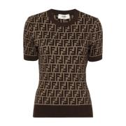 Fendi Stickad FF Motif Crew Neck Tröja Brown, Dam