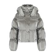 Elisabetta Franchi Metallisk kort pufferjacka med huva Gray, Dam