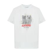 Ganni Blå Grafiskt Tryck Crew Neck T-shirt White, Dam