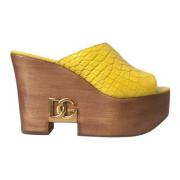 Dolce & Gabbana Gul Läder Trä Kil Glida Sandaler Yellow, Dam