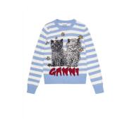 Ganni Randig Katt Grafisk Crewneck Tröja Blue, Dam