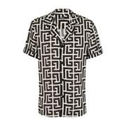 Balmain Monogram Print Notched Krage Button-Up Skjorta Black, Herr