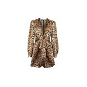 Roberto Cavalli Leopardmönstrad Miniklänning V-ringning Brown, Dam