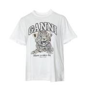 Ganni Leopard Jersey T-shirt White, Dam