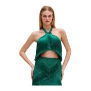 Patbo Fringe Halterneck Top i Jade Green, Dam