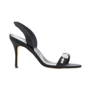 Manolo Blahnik Silk Satin Jewel Slingback Sandaler Black, Dam