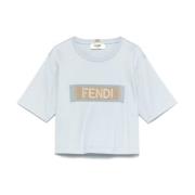 Fendi Blått Band Trim Crew Neck T-shirts Blue, Dam