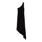 Twinset Asymmetrisk Midi Klänning med Georgette Volang Black, Dam