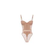 Elisabetta Franchi Nude Bustier Body Lingerie i Stretch Tulle Beige, D...