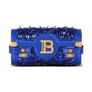 Balmain B-Buzz Pouch 23 i läder och broderad satin Blue, Dam