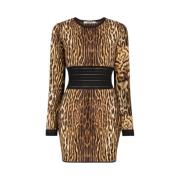 Roberto Cavalli Ocelot-Print Miniklänning med Virkad Kant Brown, Dam