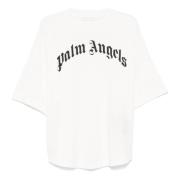 Palm Angels Krökt Logotyp T-shirt i Off White White, Dam