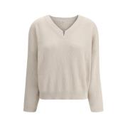 Brunello Cucinelli V-ringad Pullover med Juveldekorationer Beige, Dam