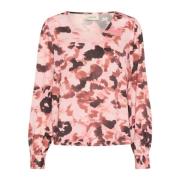 Cream Abstrakt Tryck Blus Blurred Rose Pink, Dam