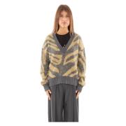 Babylon Animalier V-Neck Sweater i Grigio Multicolor, Dam