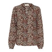 Cream Leopardmönstrad Puffärm Blus Brown, Dam