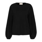 Cream Svart Stickad Blus med Puffärmar Black, Dam