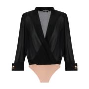 Elisabetta Franchi Svart Georgette Body Skjorta med Vadderade Axlar Bl...