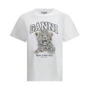 Ganni Leopardmönstrad Bomull T-shirt White, Dam