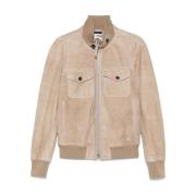 Tom Ford Beige Mocka Bomberjacka med Fickor Beige, Herr