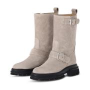 Hogan Velour Biker Boots med Dekorativa Spännen Beige, Dam