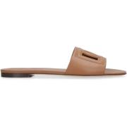 Dolce & Gabbana Logo Läder Slides Rund Tå Kalv Brown, Dam