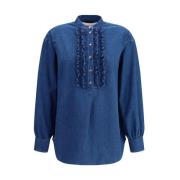 Valentino Ruffle Denim Skjorta med Dekorativa Knappar Blue, Dam