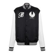 Balmain Satin Varsity Jacka med Broderade Märken Black, Herr