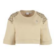 Pinko Bomulls Crewneck Sweatshirt med Rhinestones Beige, Dam