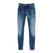 Boss Turkosa Faded Jeans med Vintage Look Blue, Herr