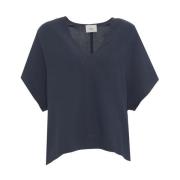 8PM Blå Linneblandning V-ringad T-shirt Blue, Dam