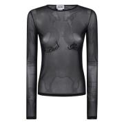 Jean Paul Gaultier Sammet Flock Mesh Långärmad Topp Black, Dam