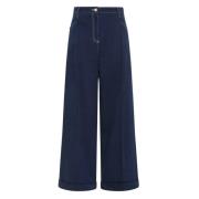 Momoni Skulptural Wide Leg Denim Byxor Blue, Dam