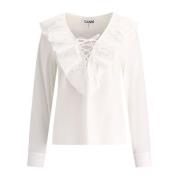 Ganni Bomull Ruffle Blus V-ringad Kvinnor White, Dam