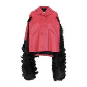 Maison Margiela Läder Cape Jacka med Fuskpälskant Red, Dam