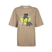 Msgm Cotton T-shirt med Fronttryck Beige, Dam