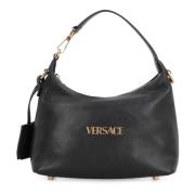 Versace Hobo väska i läder med präglad logotyp Black, Dam