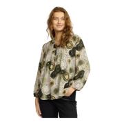 2-Biz Khaki Circle Blus med Veck Green, Dam