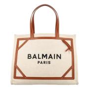 Balmain Elegant Läderkantad Kanvas Shoppingväska Beige, Dam